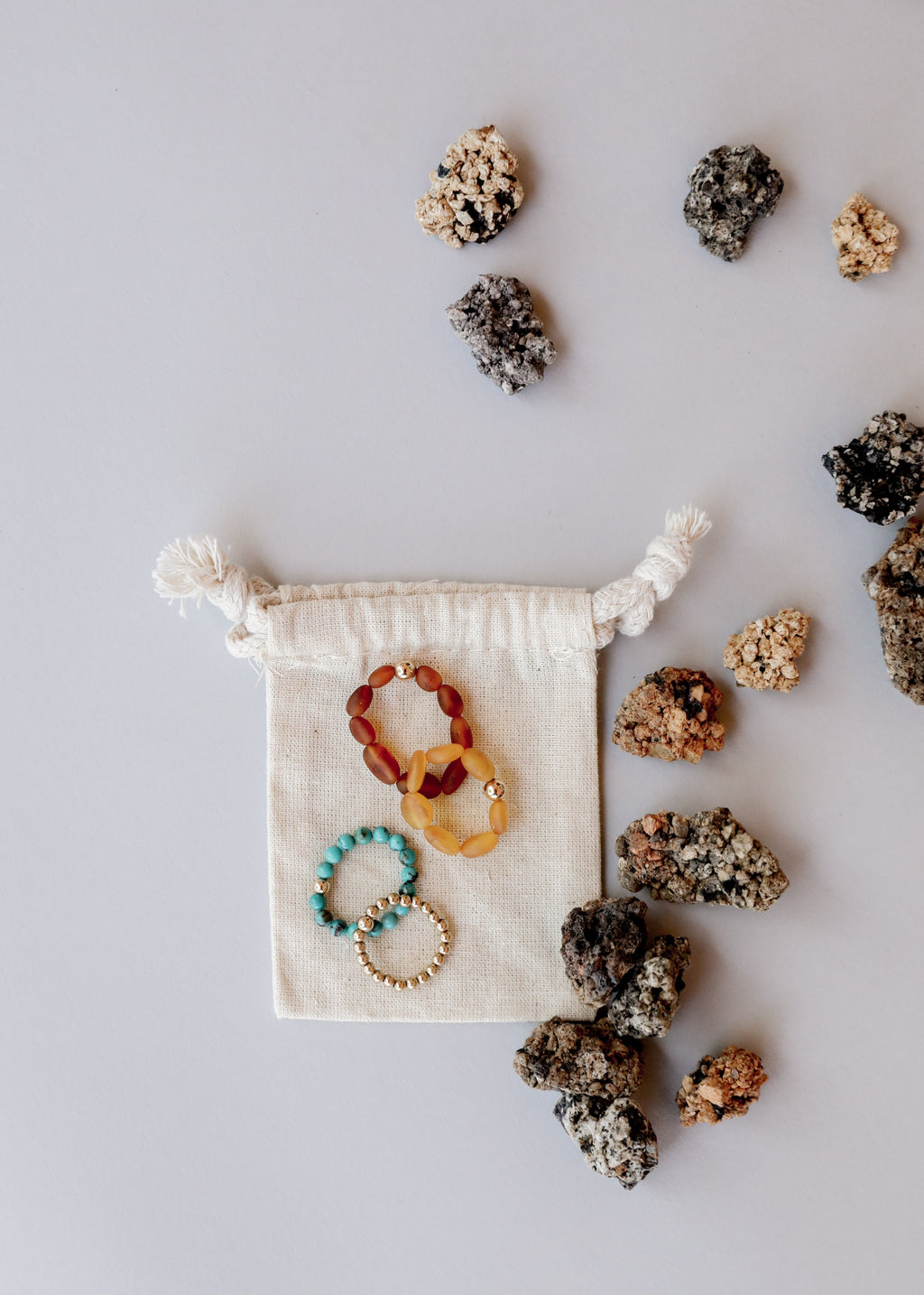 Raw Cognac Baltic Amber + 14K Gold Filled || Beaded Stretch Ring